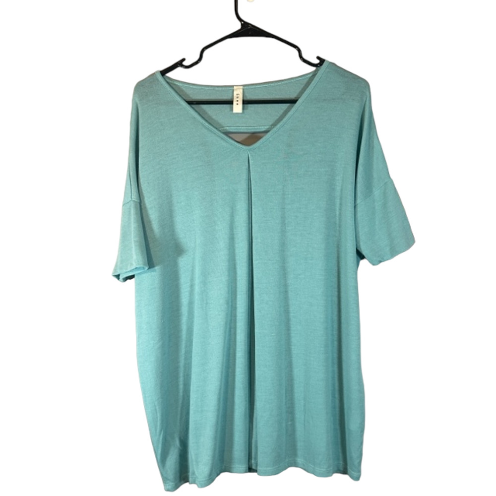 Luxe Baby Blue Short Sleeve Keyhole Cutout Back V-Neck Tunic Blouse Women Sz S